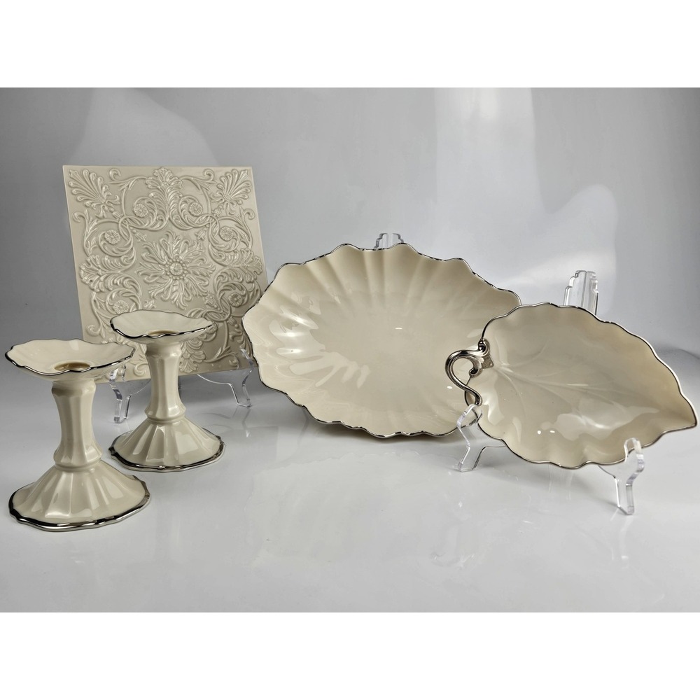 Collection of 5 Lenox‎ Ivory Platinum Candlesticks Trivet Candy & Scallop Dishes